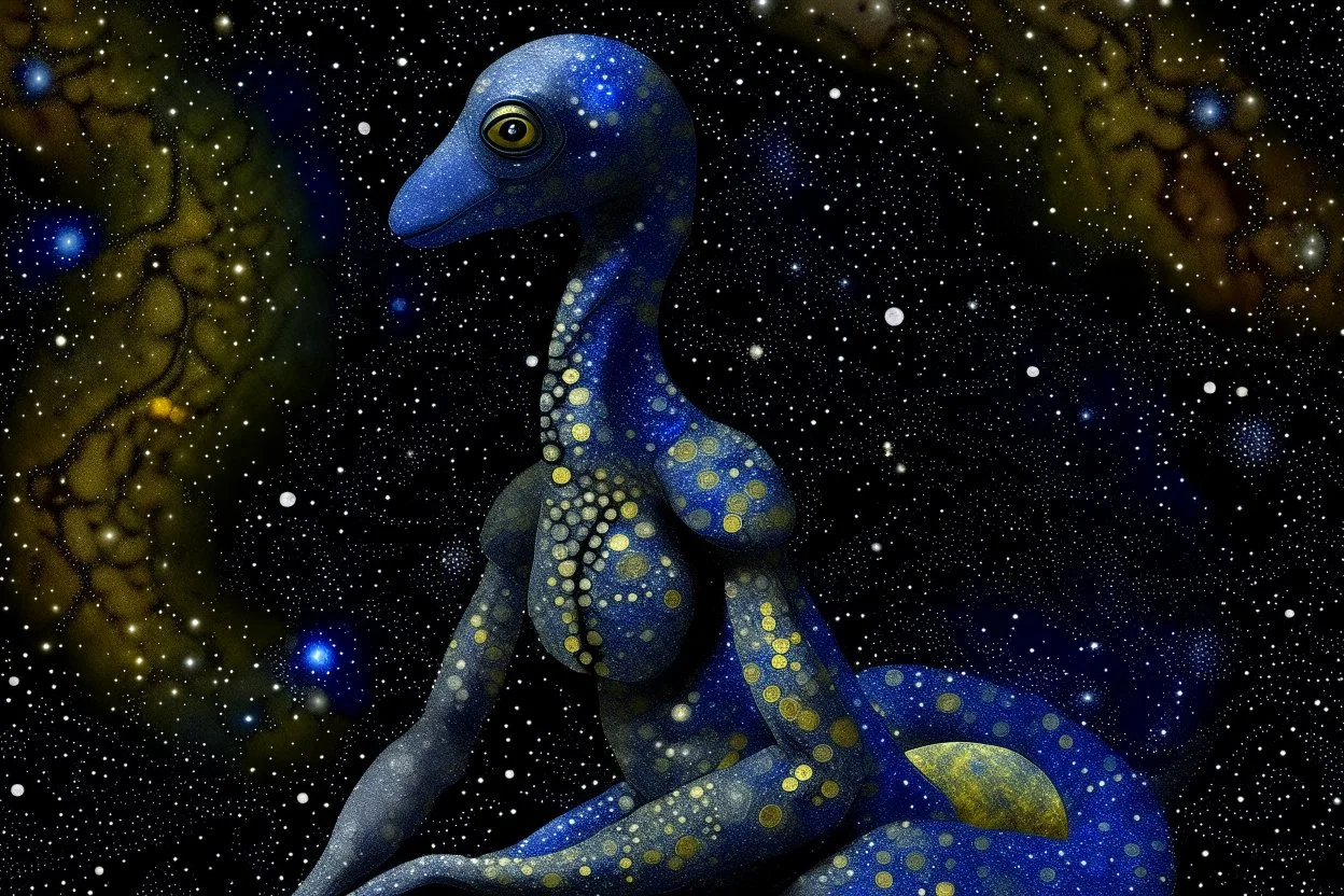 An indigo galaxy with an alien queen designed in ancient Roman mosaics painted by Georges Seurat