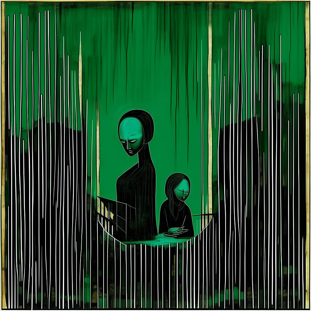 Negotiating dream frequencies culvimating in a fetal absurdity, by Gabriel Pacheco, by Colin McCahon, ink illustration, Green and black color scheme, unsettling abstract art, sketchy