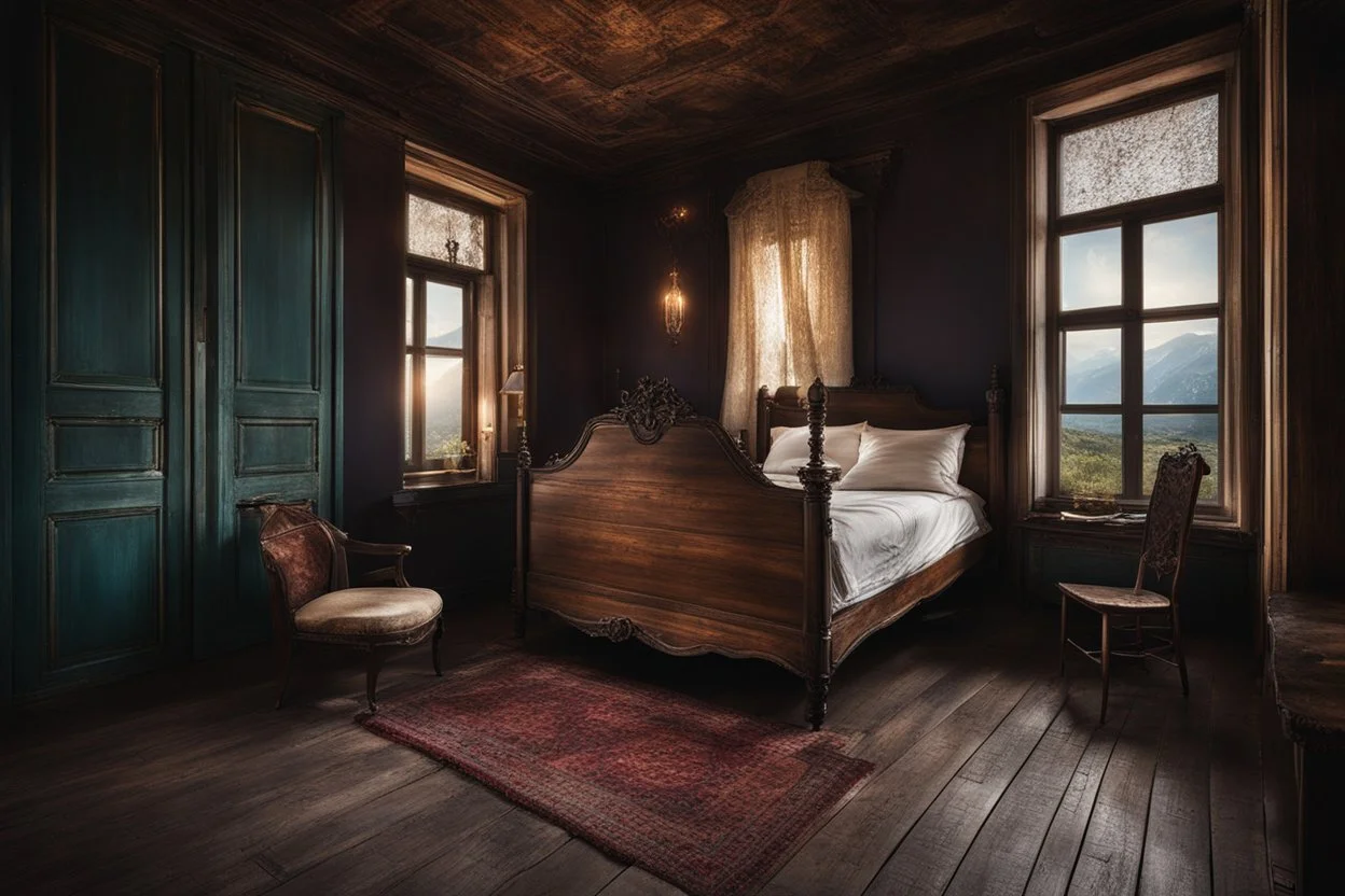 strange evening in vintage bedroom, deep dark colors, old wood floor, old antique bed, translucent walls, sharp contours, old balkony, ceiling the galaxy with stars, nightly lights, etheral, mystic, stunning, cinematic