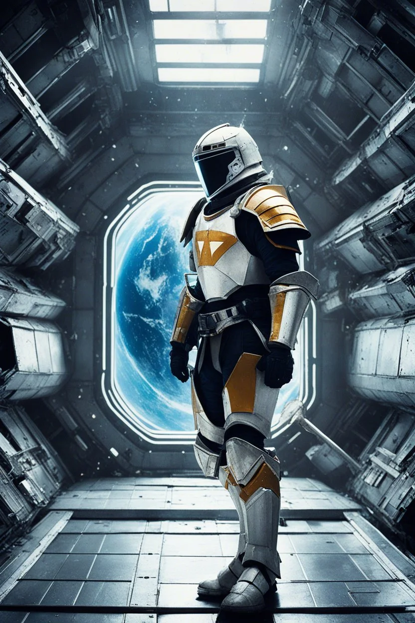 a paladin knight lost in a space station [Shattered Image, Shot the texture and then rewound the film and double exposed from multiple 1979 B colour series movie]