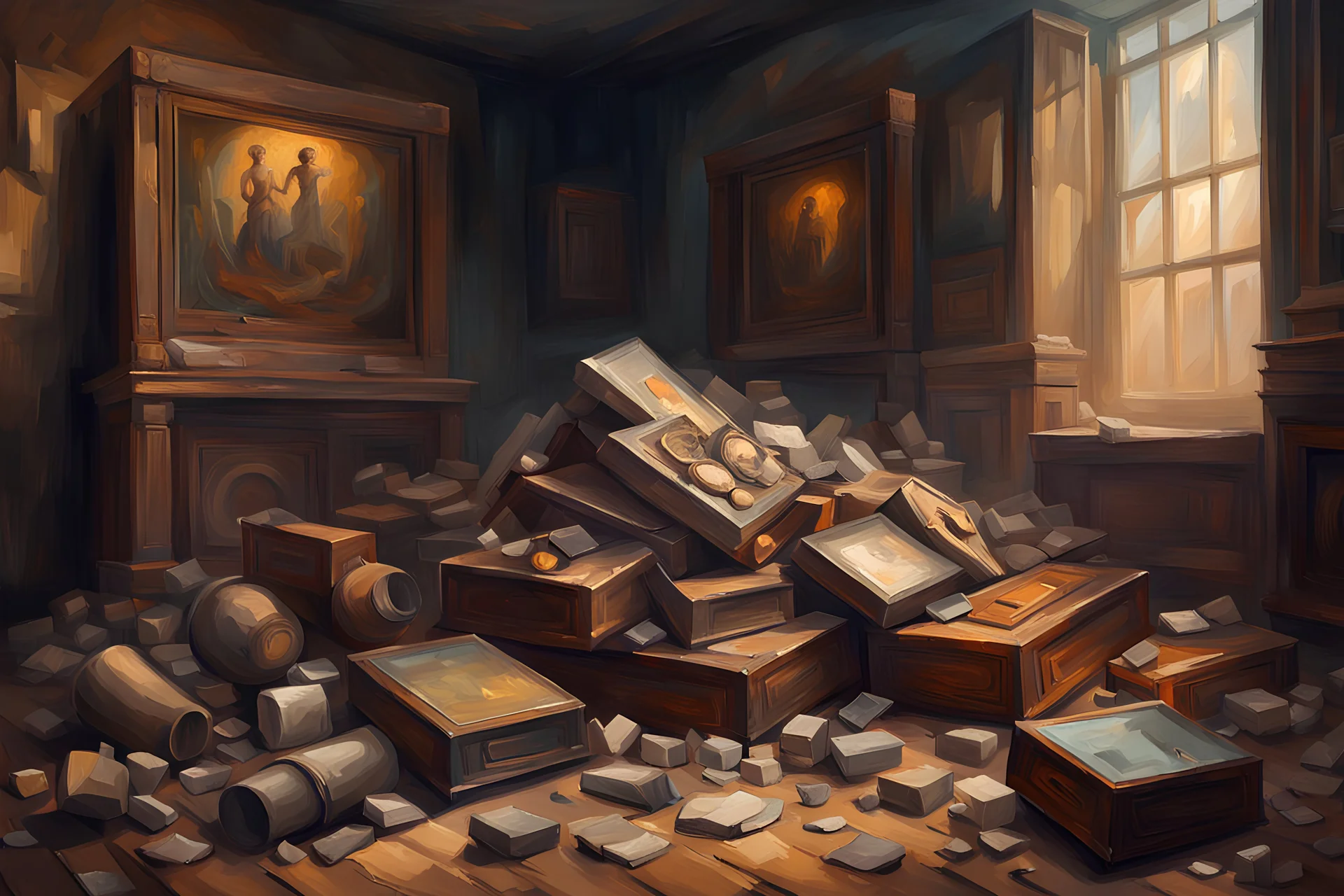 a pile of ancient relics in an old room, Oil Painting Style