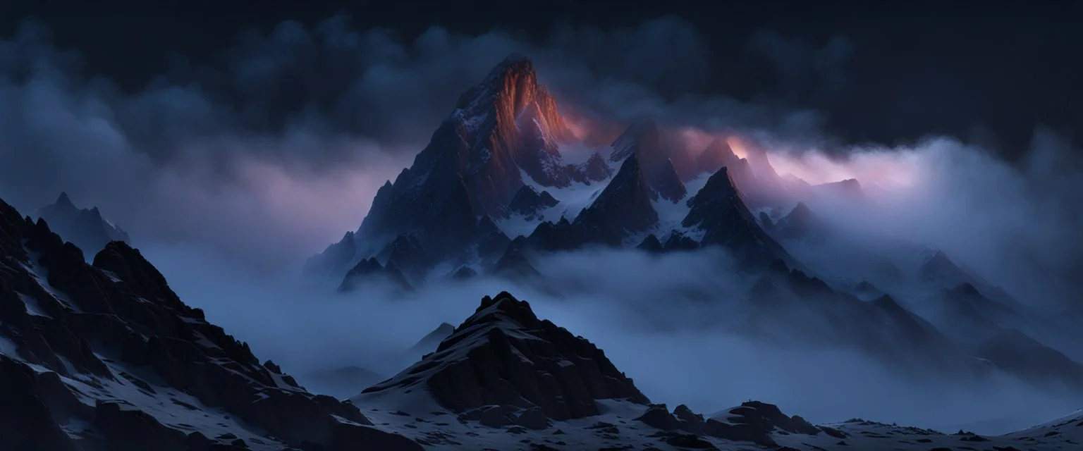 one single mountain sharp face rises out of the mist into the night sky. cinematic lighting, realism,HD, jordan grimmer, artstation, grim mood, from below camera angle. a masterpiece, 8k resolution