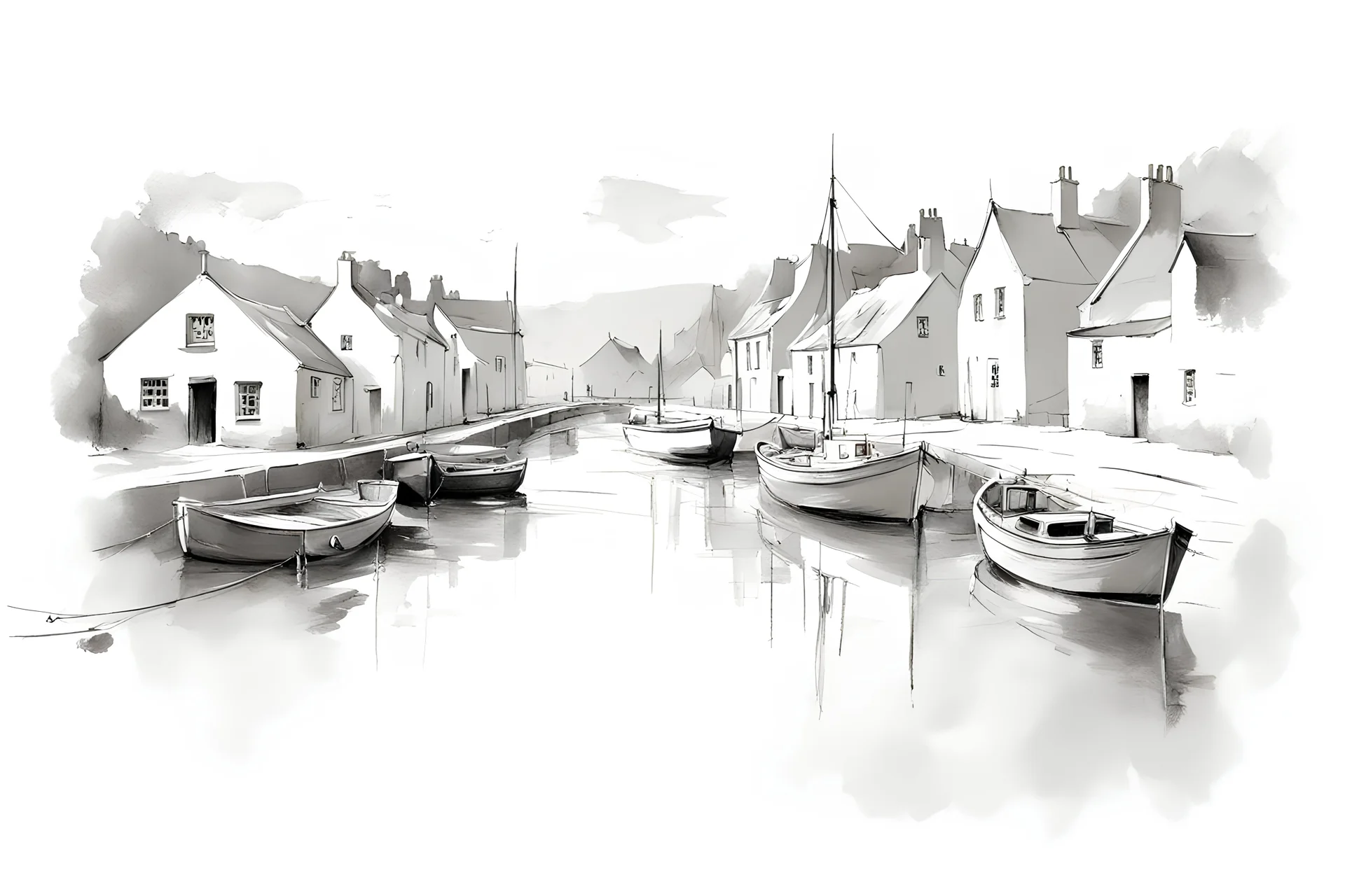 English fishing village light hb pencil line art minimalist outlines in the style of wilhelm haenraets