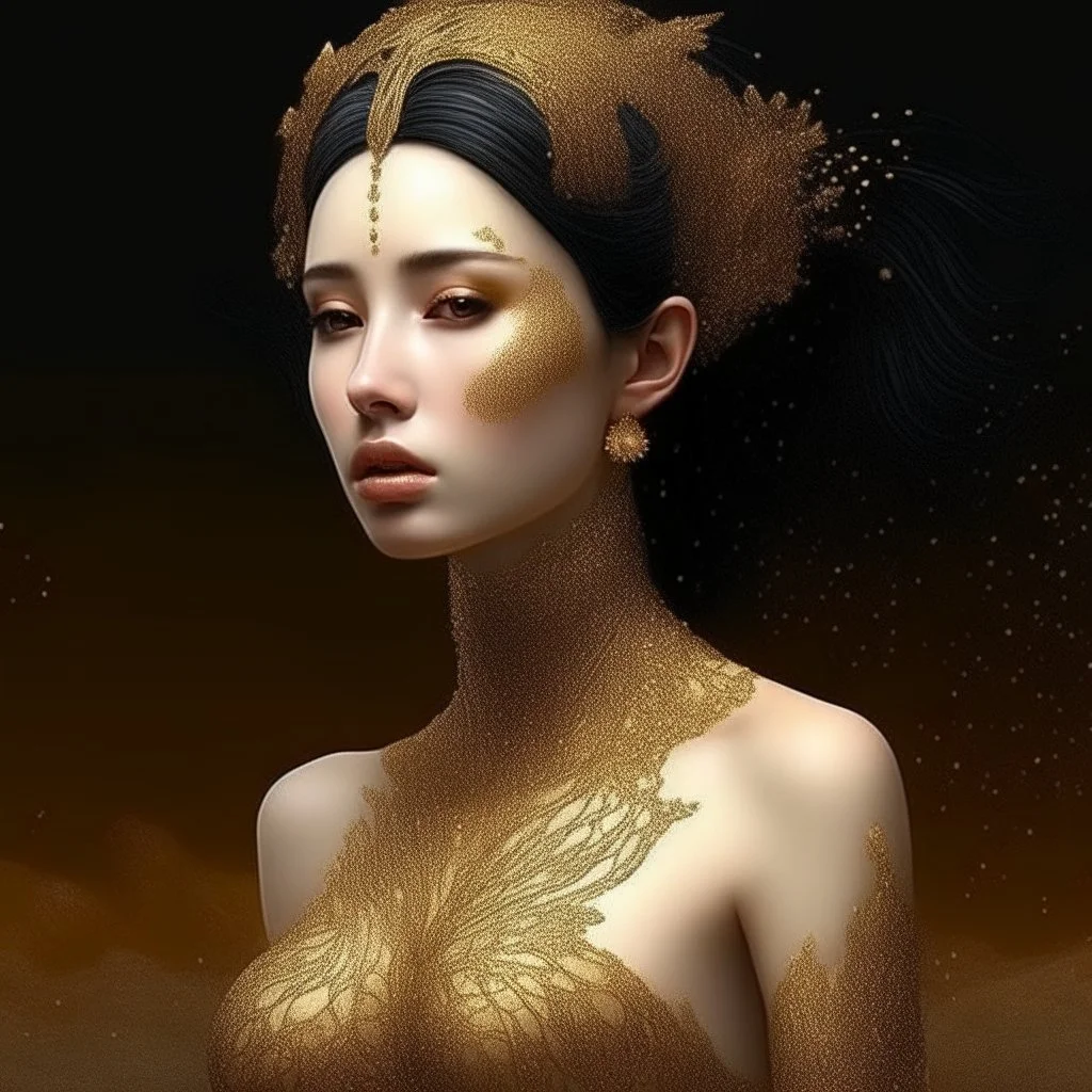 (Masterpiece1:5) By( Stinkfish:Natalie Shau:1.5) (highest quality) (ultradetailed:1.5),bright Foreground with (gold sparkles floating Intricately through the painting:1.5),attractive and content black haired woman 😇, the beach with snoot lighting is the defining light source,gold dress melting into the sand 😅),dreamlike, (surreal:0.5) beach with soft sand, High contrasts, vibrant colors, flawless Composition,Soft Lighting Create Depth Of Field. accentuates the beauty of the