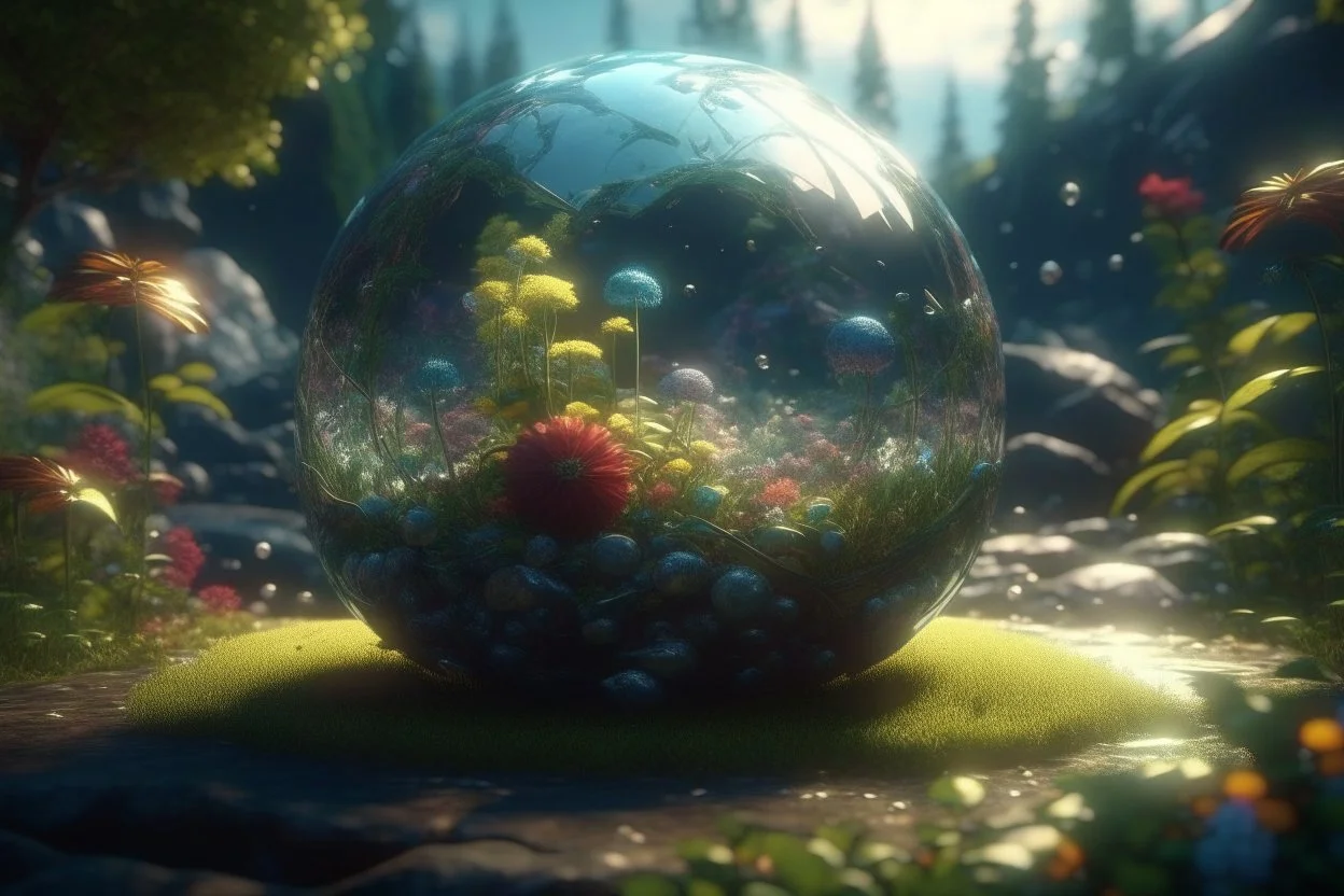 lightning sparkling flowers in floating glass balls, in forest, on lakeside in sunshine detailed matte painting, deep color, fantastical, intricate detail, splash screen, complementary colors, fantasy concept art, 8k resolution trending on Artstation Unreal Engine 5