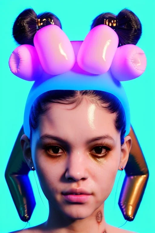 Ultra Realistic image, Rosalía artist, casual portrait, normal complexion, natural small busty, yakuza tattoo, two bows, little chopsticks hair ,black eye long liner, latex t-shirt, inflatable open coat, gold pink and blue style, spray line glow make up, geometric led jewelry, fog, hot, inflatable style latex coat, vibrant color, highly detailed, art stations, concept art, smooth, unreal engine 5, god rays, ray tracing, RTX, lumen lighting, ultra detail, volumetric lighting, 3d, finely drawn.