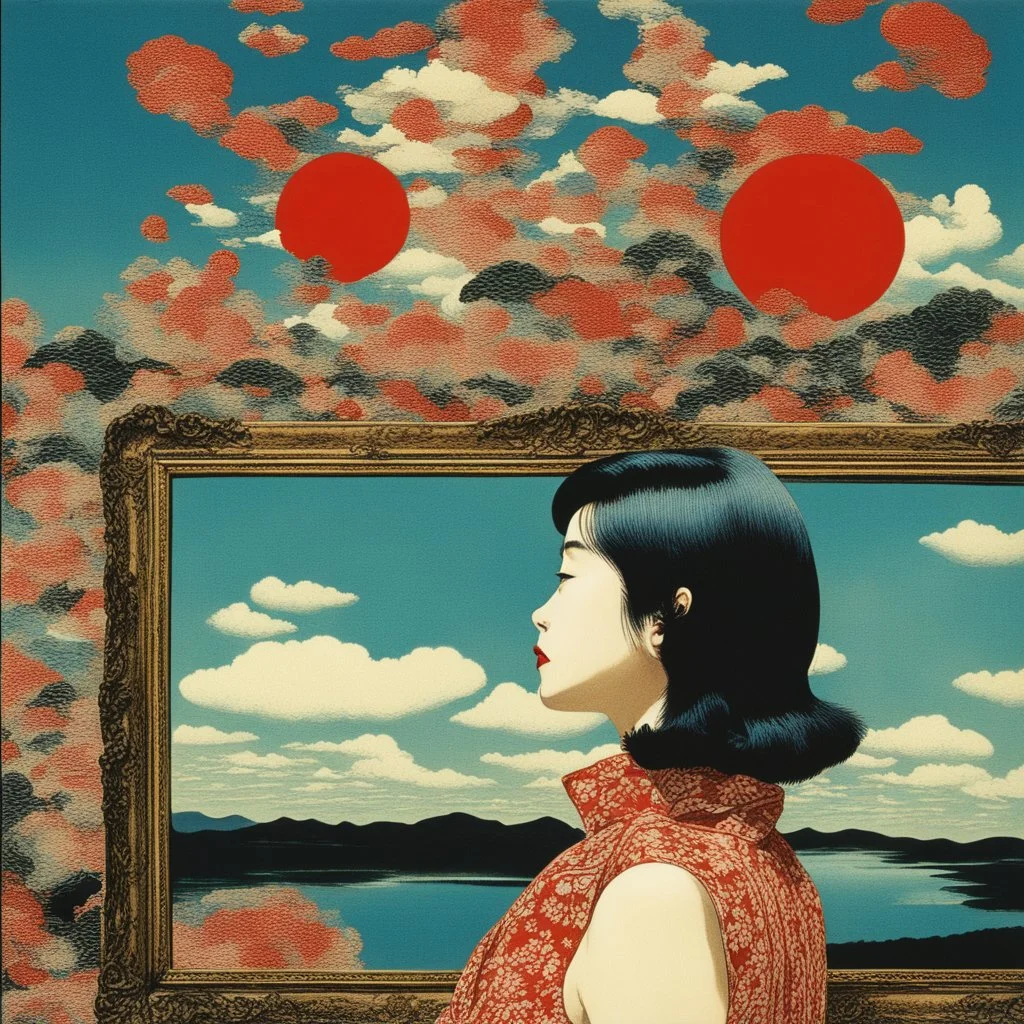 cloud in blue sky, a red lip, collage art, shuji terayama, dreamy objects, surreal, criterion collection, showa era, intricate details, mirror