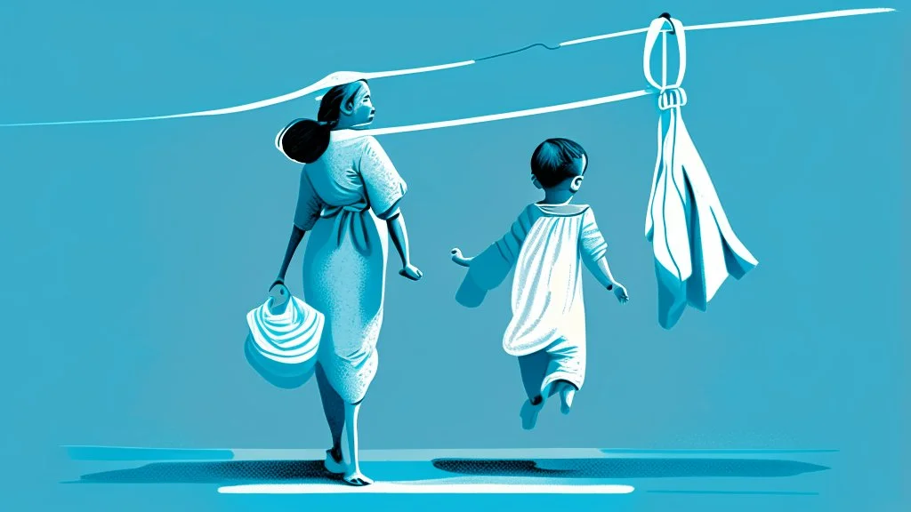 A digital illustration of a woman walking carrying a child in a sling, on an aquamarine blue background, with clothes hanging on a line nearby