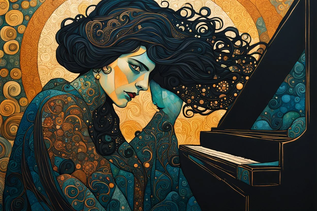 create an abstract expressionist, highly ethereal, darkly magical illustration of a deeply sorrowful, woman at her piano, with highly detailed and deeply cut facial features, in the style of GUSTAV KLIMT, PABLO PICASSO, EDWARD BURNE-JONES, WILLIAM MORRIS, and KATHE KOLLWITZ combined with the comic art style of BILL SIENKIEWICZ and JEAN GIRAUD MOEBIUS, searing lines and forceful strokes, precisely drawn, boldly inked, and darkly colored