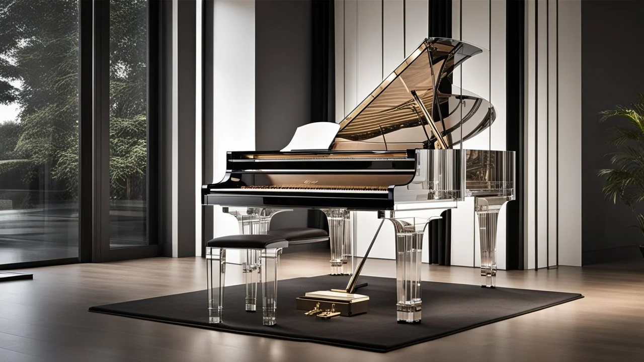 An innovative, award-winning, fully transparent piano . showcasing all its intricate mechanical components visibly. The design highlights its modern elegance, with sleek lines and a minimalistic approach, emphasizing the beauty of its transparent structure and the complexity of its inner workings. The piano stands gracefully in a well-lit, contemporary setting, casting soft reflections on the floor, symbolizing the fusion of art and techno