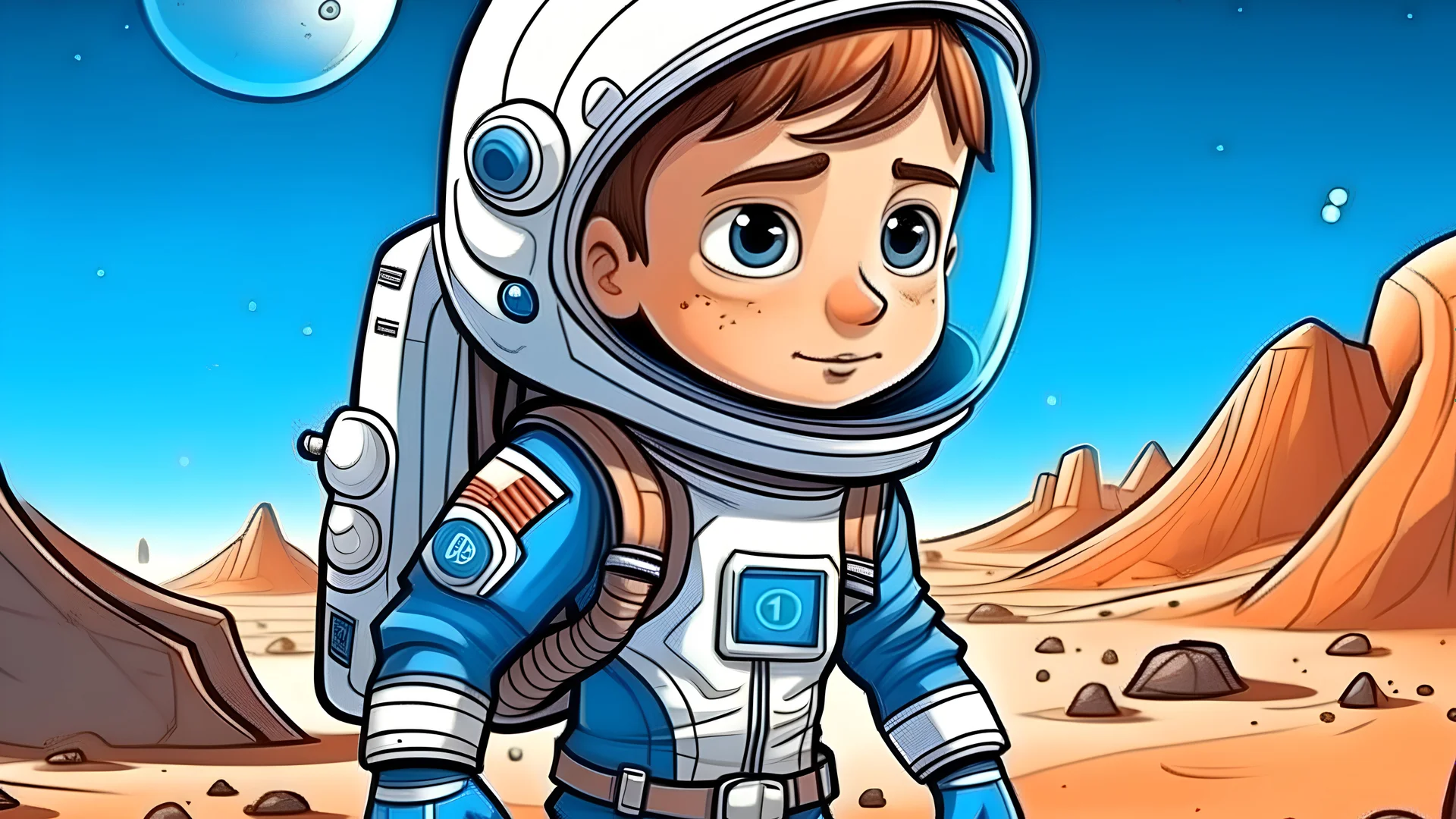 Draw me a picture in a realistic cartoon style of a young boy with black hair and blue eyes wearing a space suit on Mars with a spaceship behind him