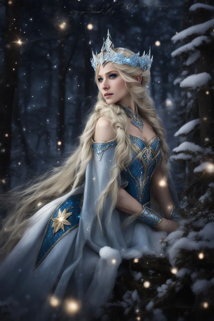 Elven princess,elven crown,long white blonde golden hair,rapunzel hair,ice flowers,beautiful,light blue,dark blue,golden armor,sparkle,glitter,ice flowers,snow,elven ears,dark fairy princess