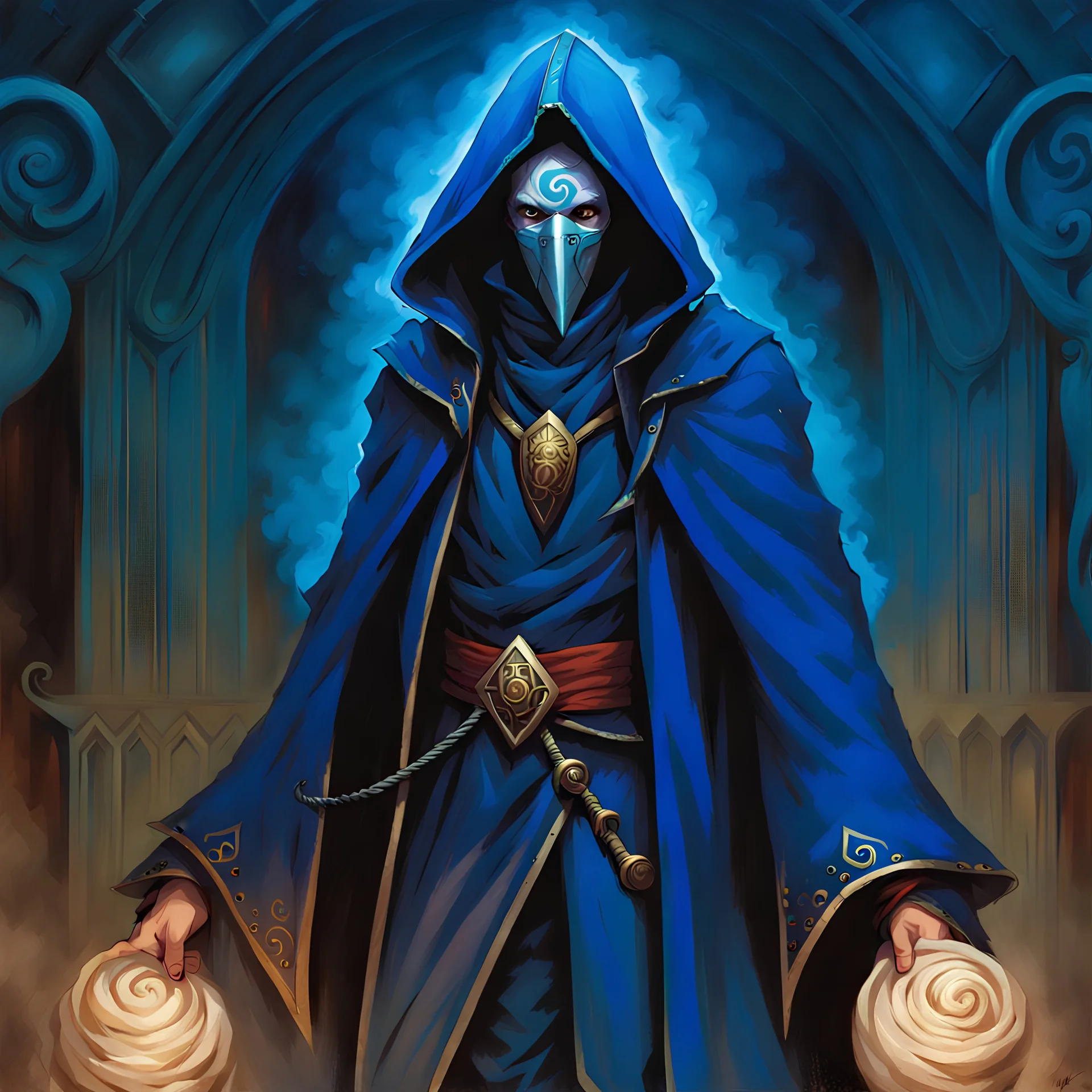 90's fantasy tcg art of a hooded man with a spiral mask in a blue circus