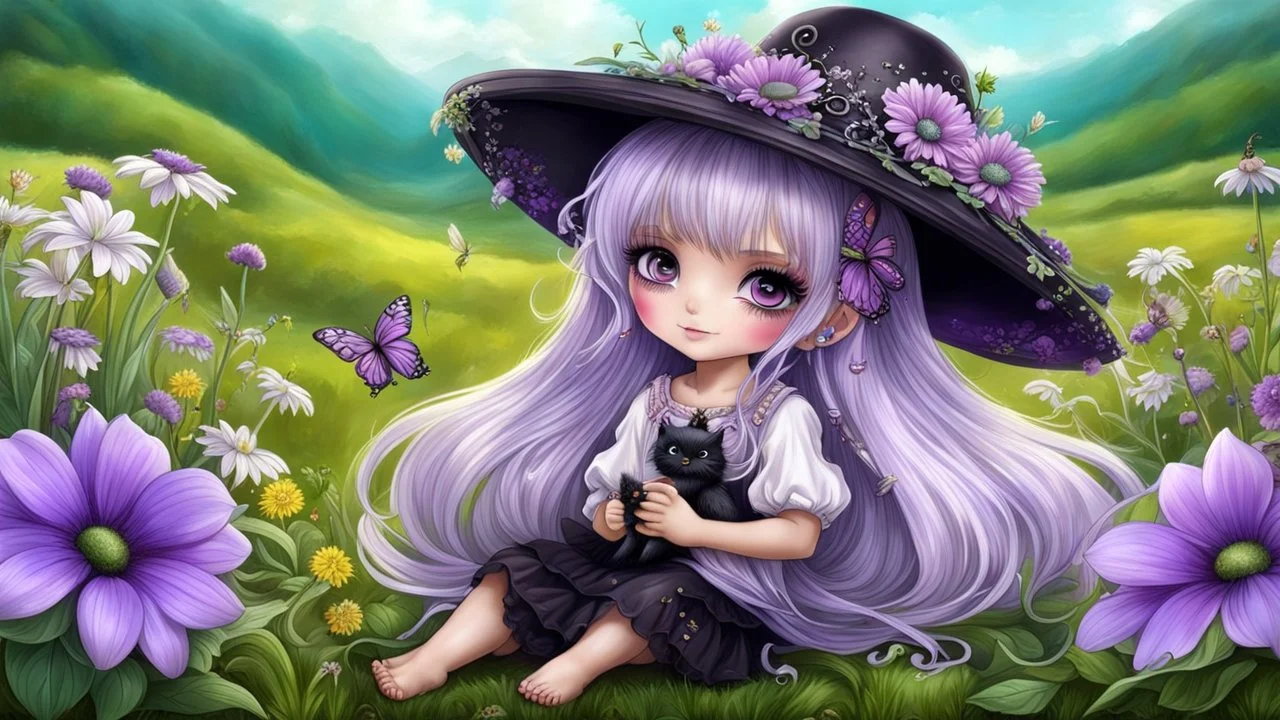 cute happy fairy girl with little wings and rounded ((purple eyes)), big long silver hair, sitting her nice hat a tiny black (kitty with green eyes) , chibi, 3d anime character, detailed, fantasy style, nice picture in the big meadow with pale colors flowers