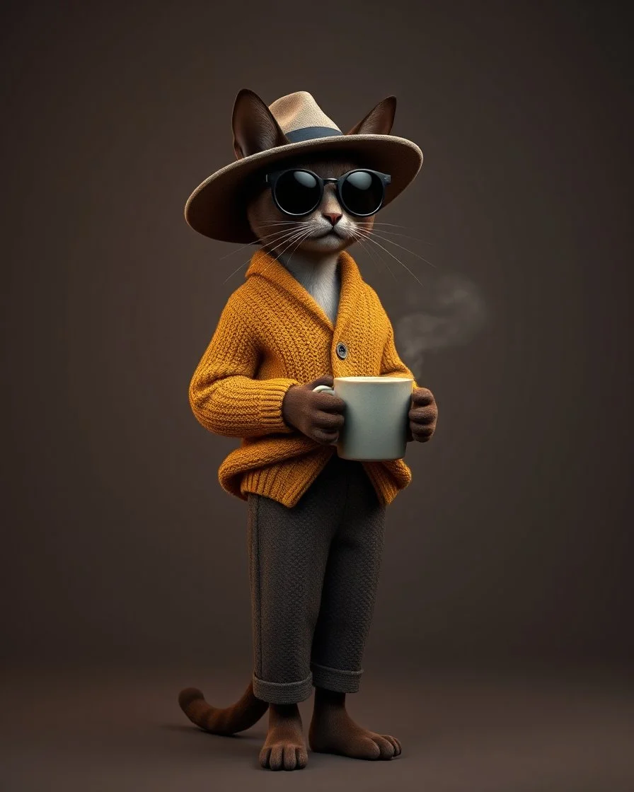 Cool Dude. slender sophisticated Oriental shorthair Siamese chocolate point cat cat standing upright on two legs wears a chunky mustard knit cardigan, patterned trousers and a wide-brimmed felt hat, cradling a steaming ceramic mug in one paw with supreme nonchalance. Exaggerated long whiskers and circular dark sunglasses complete the effortlessly cool ensemble. Full-body photorealistic 3D character render against a moody warm-grey studio background with dramatic side light