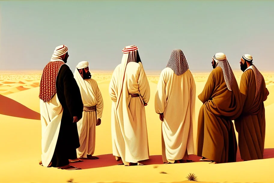 A tall fat european man in business suit wathcing four Arabian sheikhs sitting in the desert wearing typical Arab dresses, looking towards the four cardinal points and he is thinking.