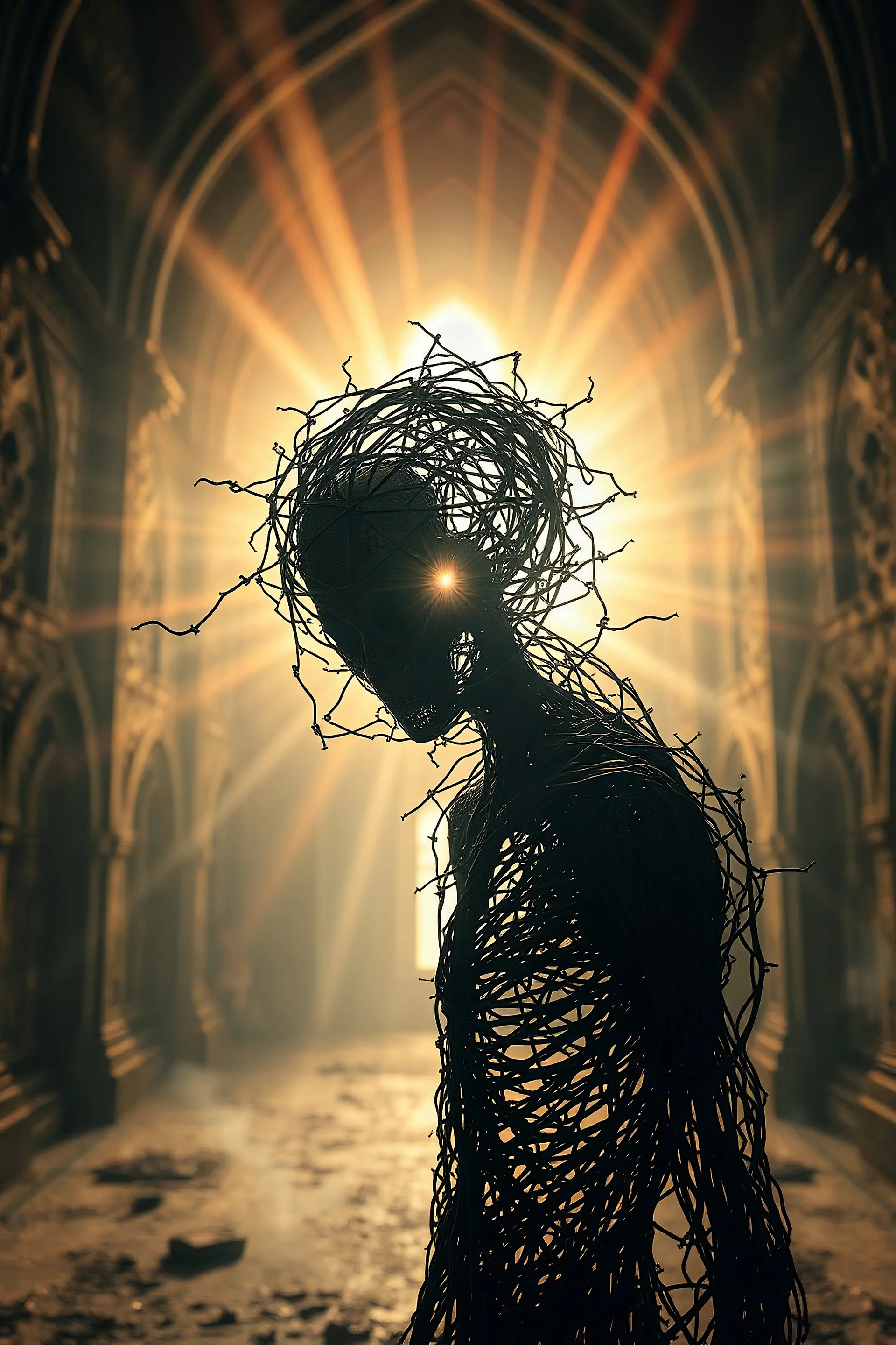 An humanoid entity made out of bloody razor wire, metaphysical creature looking at the viewer with a singularity in it's head,strange liminal background clashes with a vivid gothic monastery surrounding, cinematic lighting,deep shadows, exploding rays of light behind it,