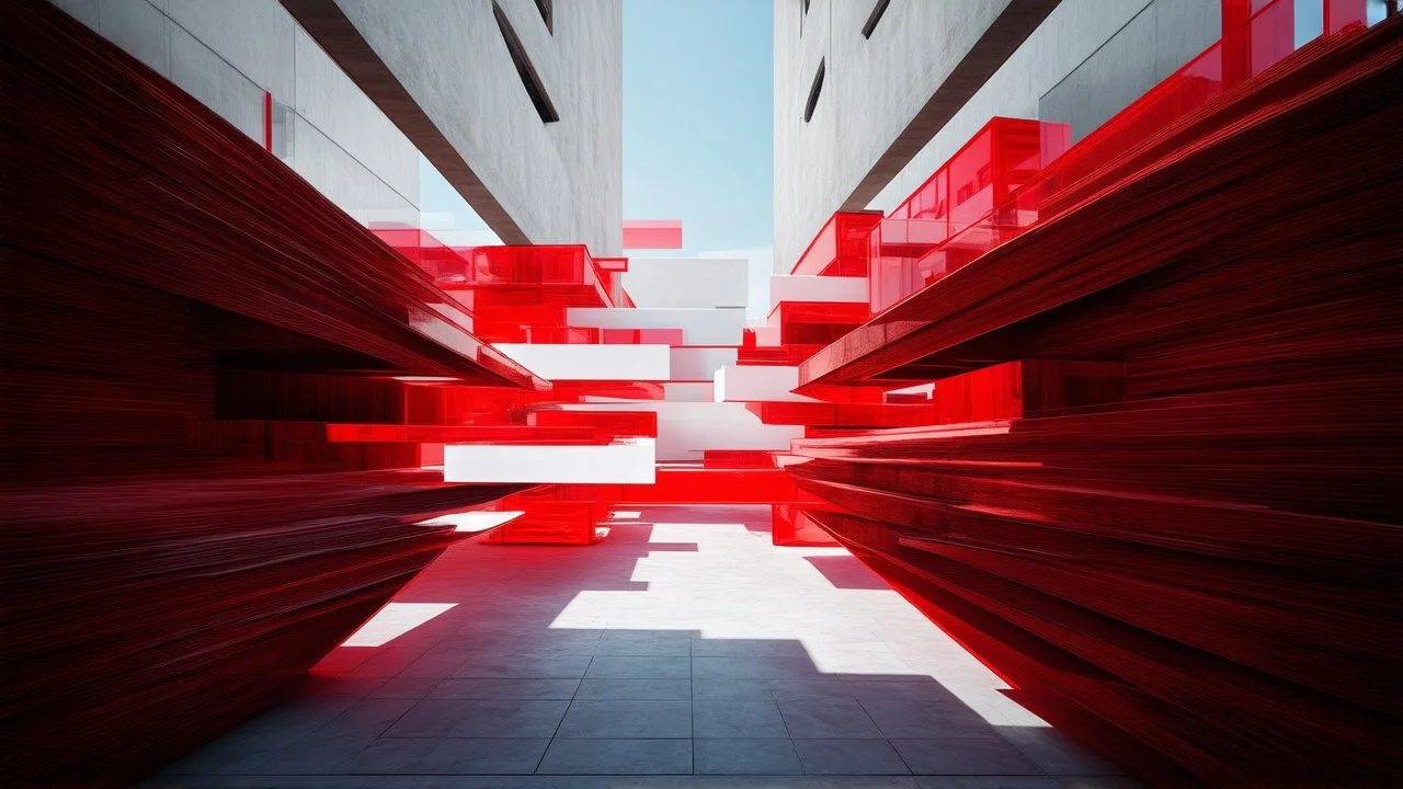 Surreal Art of Futuristic surreal image of Surreal and brutalist architecture of colored glass, concrete and steel, in reds, whites and blacks. Inhabited,Theme brutalism,Subject inhabited towers,Color Palette reds,whites and blacks,Composition stacked volumes,Imaginary World inhabited slabs,Surreal Elements levitating structures,Perspective interior-wide shot,Mood quiet tension,Symbolism conscious shelter