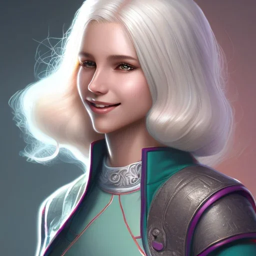 D&D character, female, cleric, platinum blonde hair, gold eyes, smile, teal armor