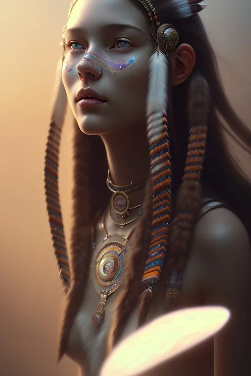 girl, cute, beautiful, Native American, head and shoulders portrait, 8k resolution concept art portrait by Greg Rutkowski, Artgerm, WLOP, Alphonse Mucha dynamic lighting hyperdetailed intricately detailed Splash art trending on Artstation triadic colors Unreal Engine 5 volumetric lighting, long hair, brown eyes, black hair