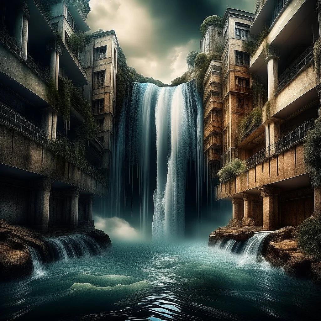 surrealism waterfall inside city