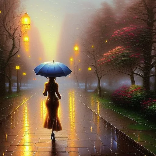 Painting of a Woman Walking in the Rain with an Umbrella, American Romance Painting, 4K Matte Thomas Kinkade, Thomas Kinkade, by Thomas Moran, inspired by Michael Komarck, ( ( Thomas Kinkade ), Thomas Kinkade, Thomas Kinkade, Thomas Kinkade Style, Thomas Kinkade Painting, Spring Eve, by Thomas Kinkade