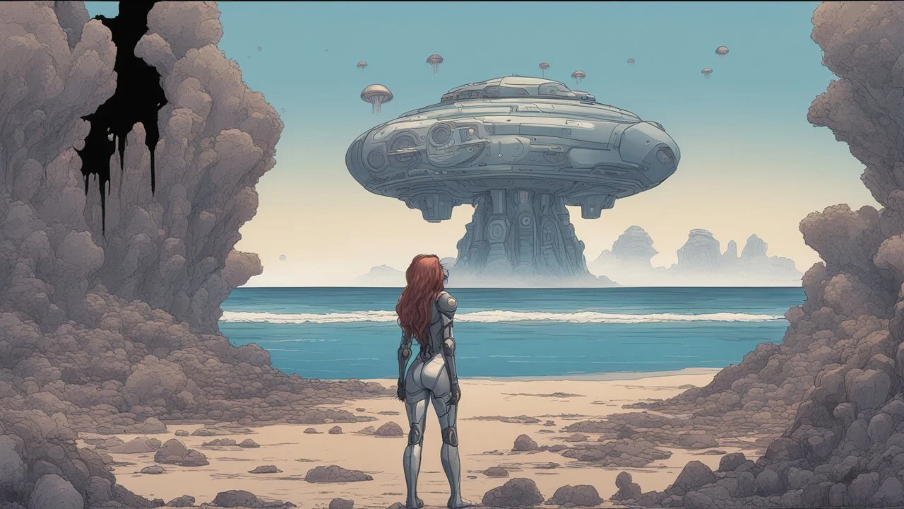 A long-haired woman in a robotic-looking catsuit standing on a beach of a rocky landscape with flying mushrooms with jellyfish tentacles and a crashed spaceship in the distance, with a forest beyond