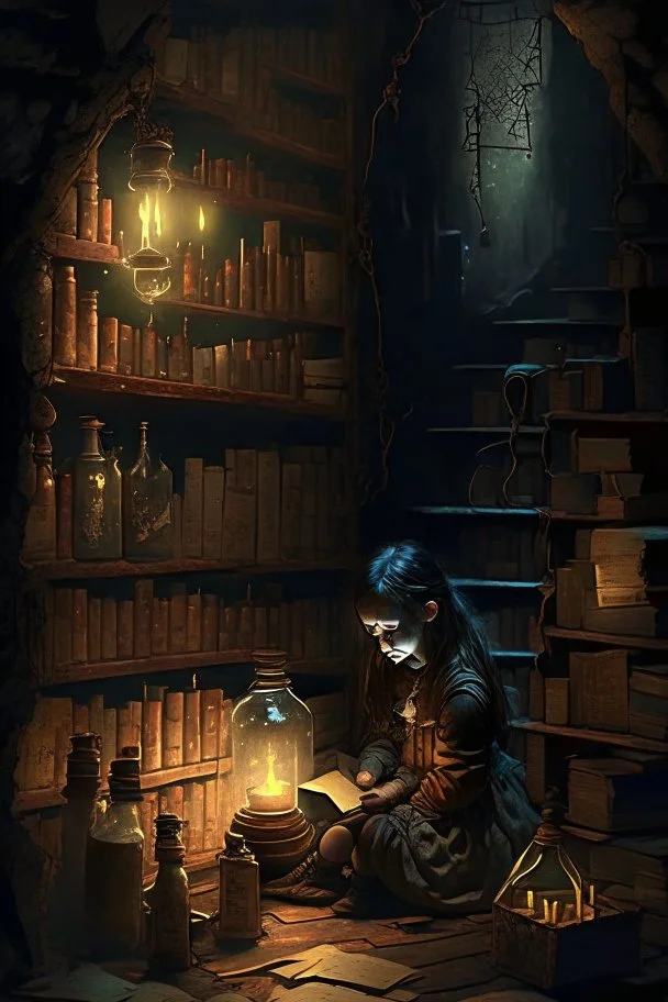 A dark dungeon, with a shelf with vintage bottles, and a young girl sitting on the floor, next to a lantern, studying old books