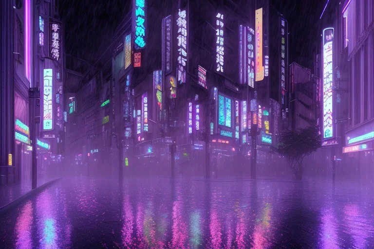 Cinematic, atmospheric, night, Tokyo, dark, rain, high level of detail, high definition, blue neon, purple neon, blender 3d