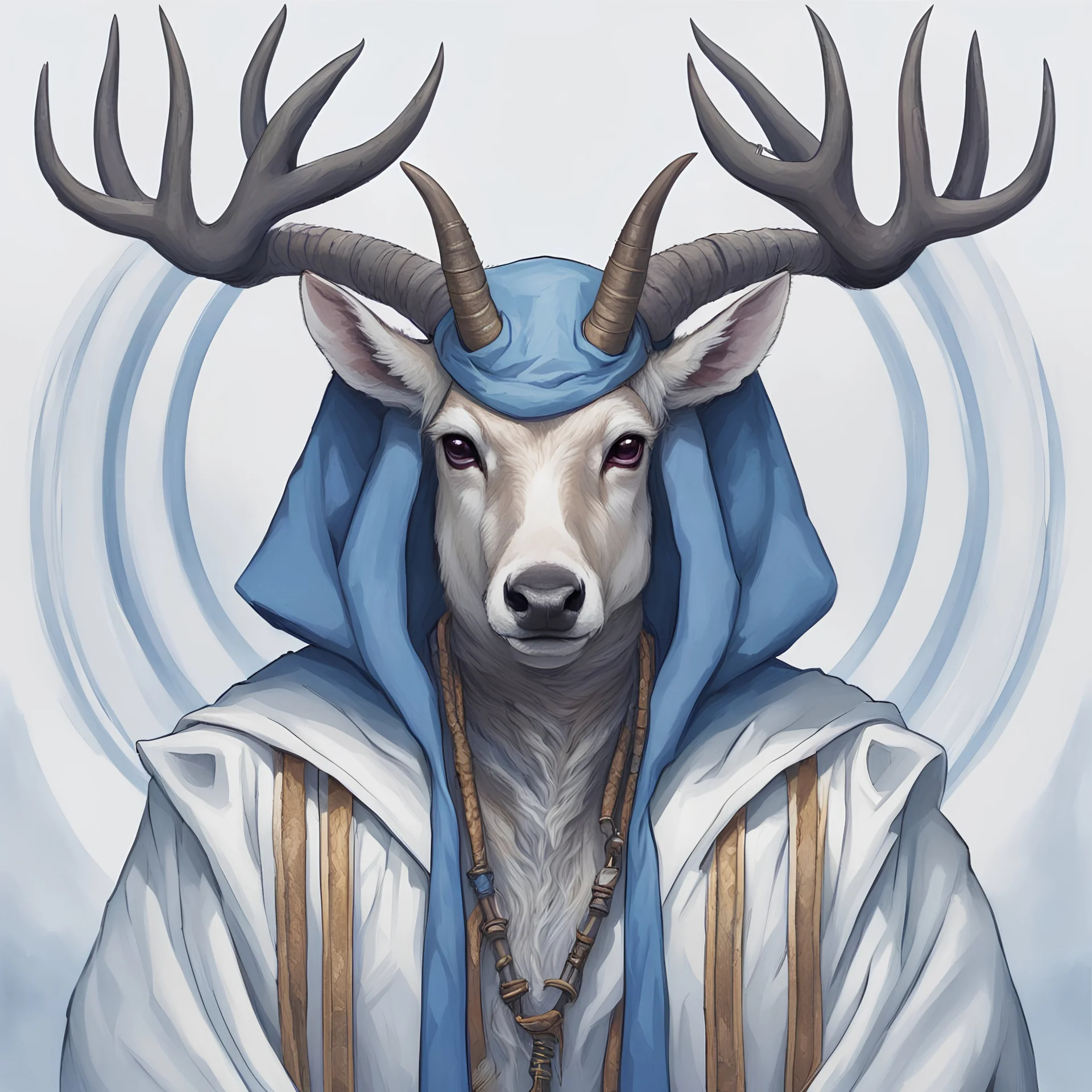 Portrait of a deer sith with four horns, wearing blue and white robes and a hood