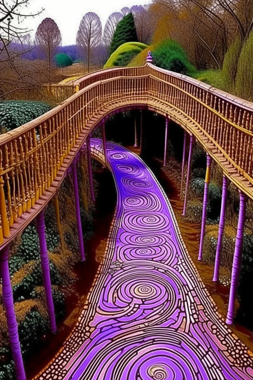 A pinkish lavender mystical maze on a bridge designed in Navajo baskets painted by Gustav Klimt