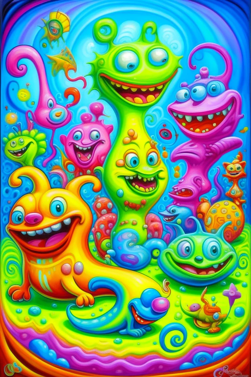 Lowbrow Pop Surrealism , A Whimsical high energy happy 1950’s Transparent Gelatin Animal Mascot Character parade, Oil Painting by Kenny Scharff