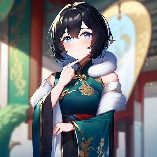 Clear focus,High resolution, Black short fluffy hair, and blue eyes, wearing a Chinese Traditional outfit dark green with black, Blushing, Hand up, white fur around her neck