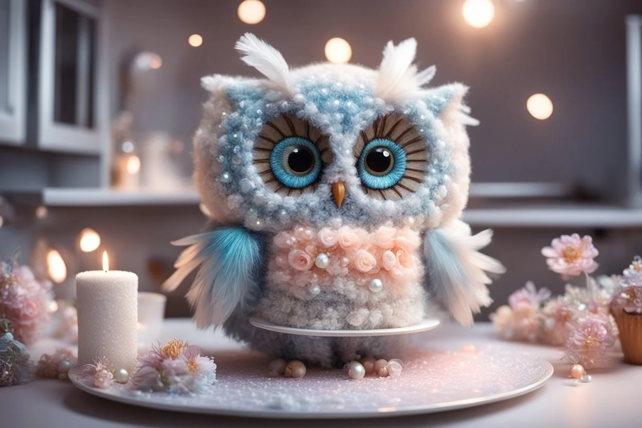 cute chibi plushy fluffy knitted and embroidered natural colored owl with cake in a kitchen, feathers, iridescent flowers incorporated, light emitting, bioluminescent holographic room, silver foil, sparkling diamonds, holographic raw pearls, ethereal, cinematic postprocessing