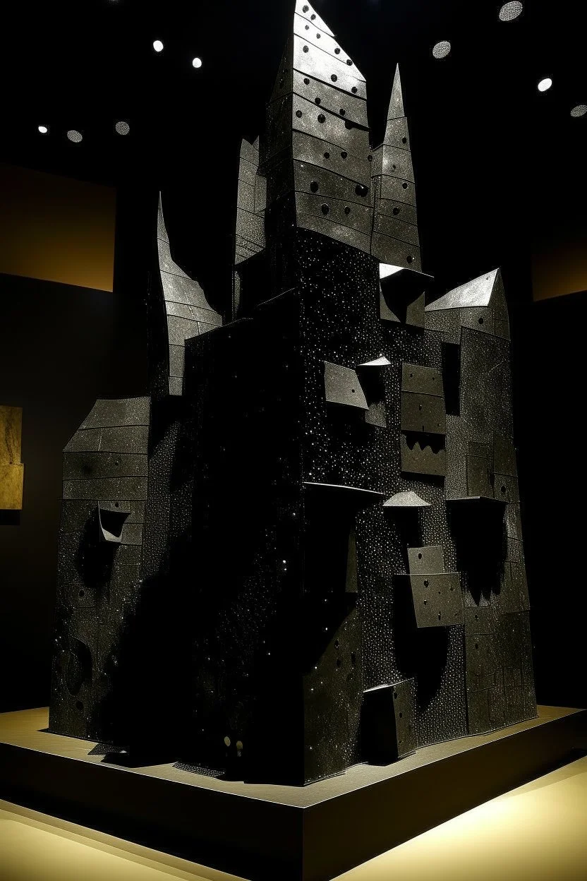A black castle made out of steel in a chaotic shadow realm designed in Ica stones painted by Paul Klee