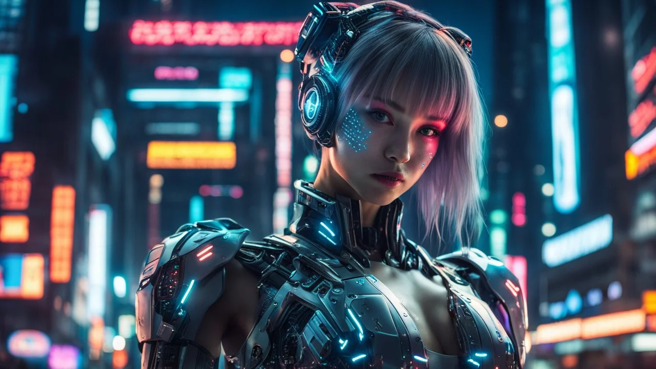 cyborg girl, futuristic, sleek cybernetic enhancements, neon accents, Tokyo at night, Blade Runner inspired, high-tech armor, LED-lit streets, reflective surfaces, holographic displays, UHD, HDR, wide angle lens:: Text, fingers, numbers, logo::-0.5 --ar 16:9