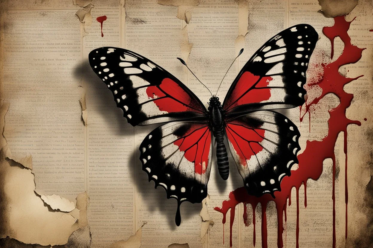 a bleeding black butterfly is nailed to an old dirty wall, red blood flows from the butterfly's wings and body, old yellowed torn newspaper clippings, dirty fingerprints, cracked old grayed white paint on the wall, intricate details, sharp focus, filmy , surreal, frighteningly beautiful, perfect composition