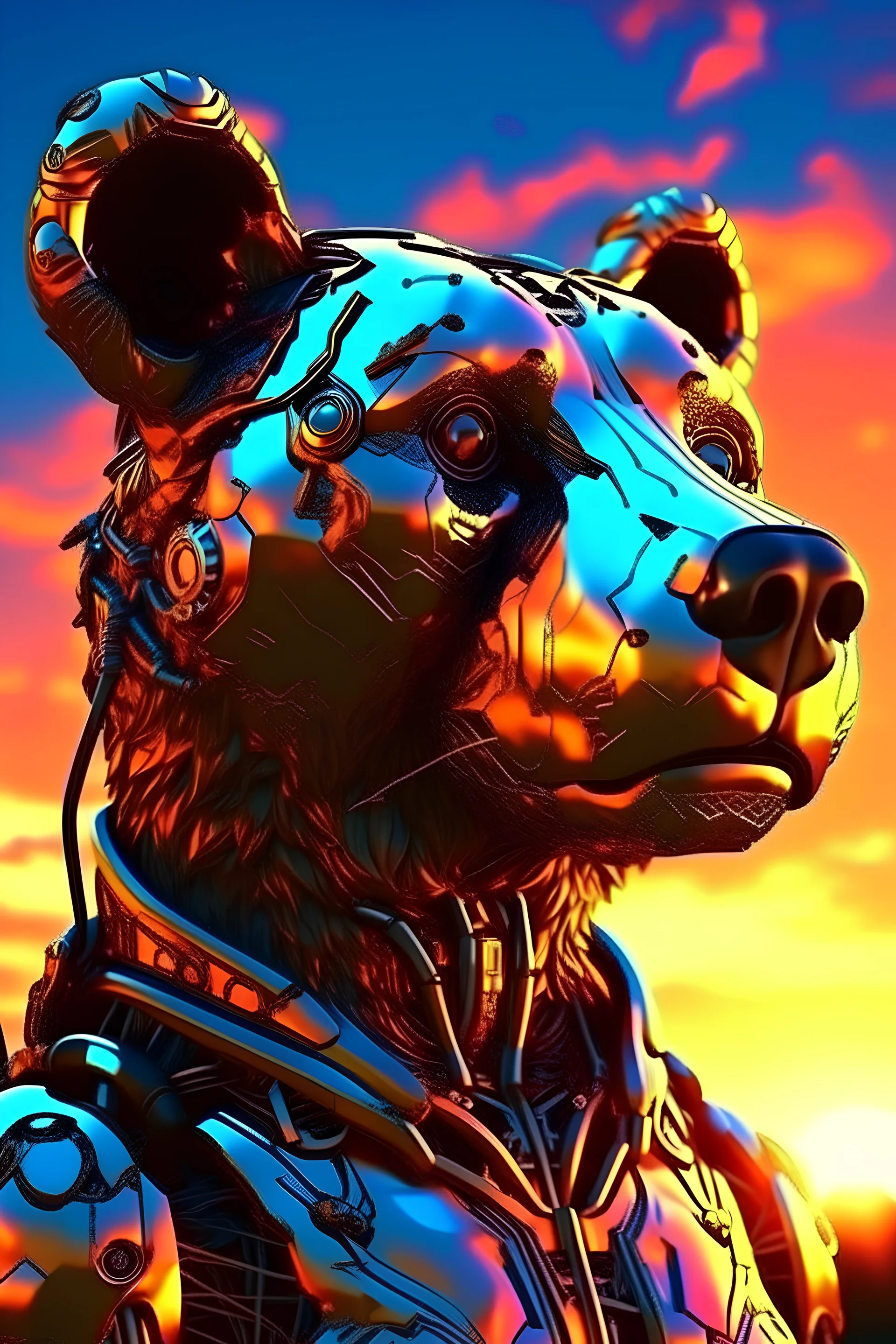 3D Portrait of a realistic cyborg bear in reality colours sunset background