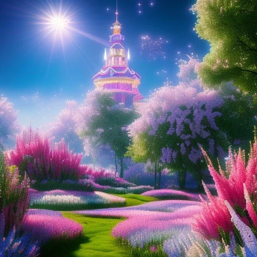 Blue crsital tower in a flowery countryside, glitter pink in a galactic ambiance, delicate colors in the foreground, full of details, smooth, light effect，vaporwave colorful, smooth, extremely sharp detail, finely tuned detail, ultra high definition, 8 k, unreal engine 5, ultra sharp focus