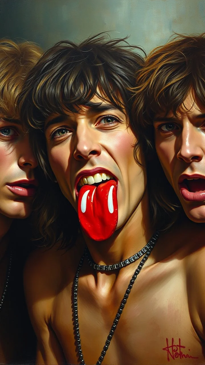 Realistic oil painting of The Rolling Stones musical band with piercing, by John William Waterhouse, (long shot), dramatic lighting, classical mythology theme.