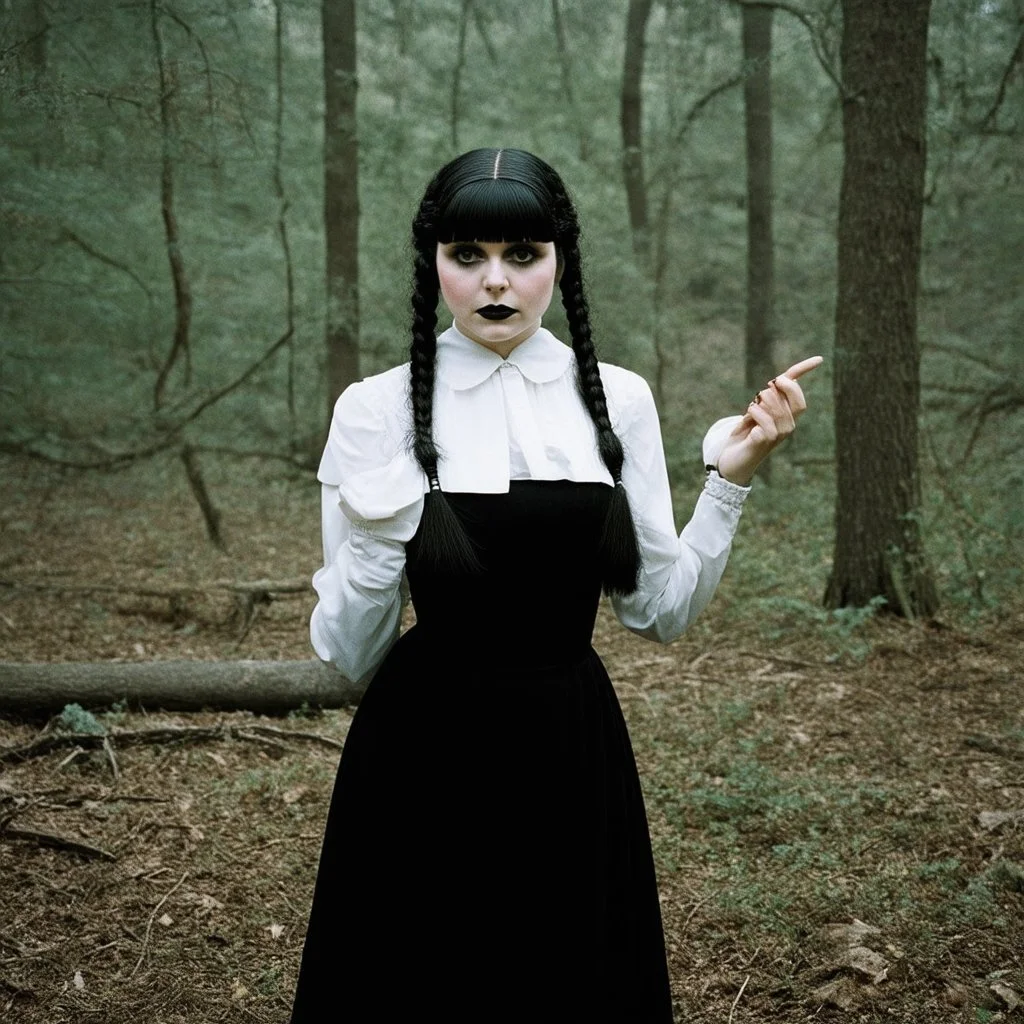 Actress theda bara as Wednesday addams, braids, bangs, in tge woods