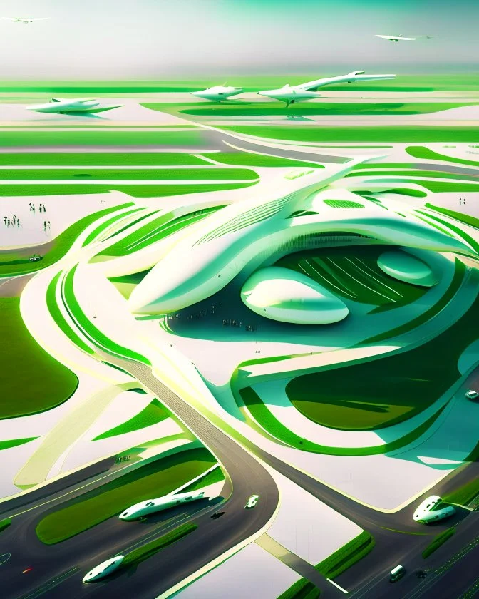 Aeropuerto futurista pistas aviones arquitectura estilo Zaha Hadid color blanco crema 8k gente zonas verdes parqueaderos vista aerea