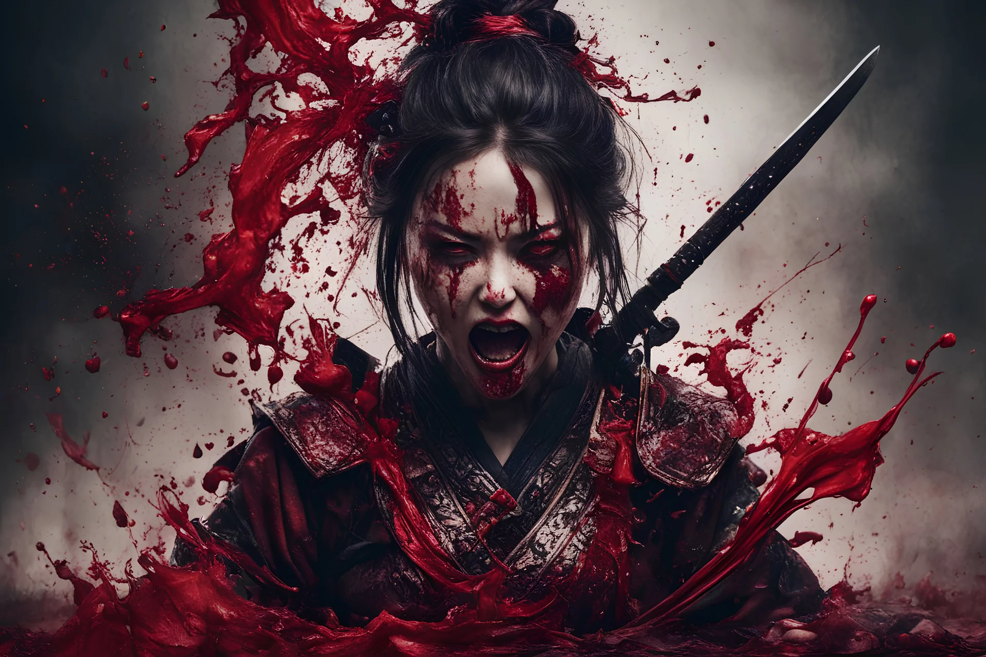 Tall girl samurai, face distorted with pain, screaming, tears streaming from eyes, siting pose, fullbody, splashes blood, behind guts rising from the ground, intricate, darkred tones, macro photography,