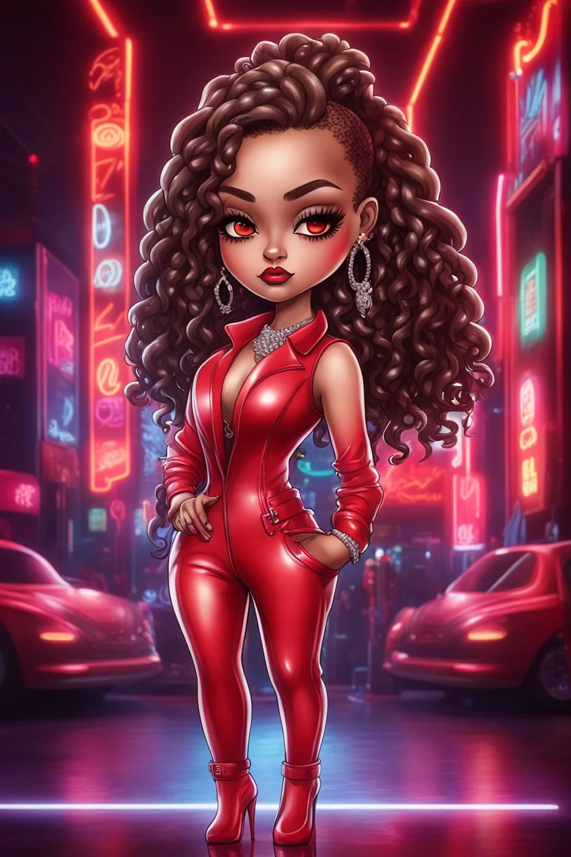 Create a digital airbrush chibi cartoon of a white curvy female wearing a red leather suit with red heels. Prominent make up with brown eyes. Highly detail black shiny locs that flow down her back. Extra-long diamond hoop earrings and jewelry. Background of a night club with neon signs.