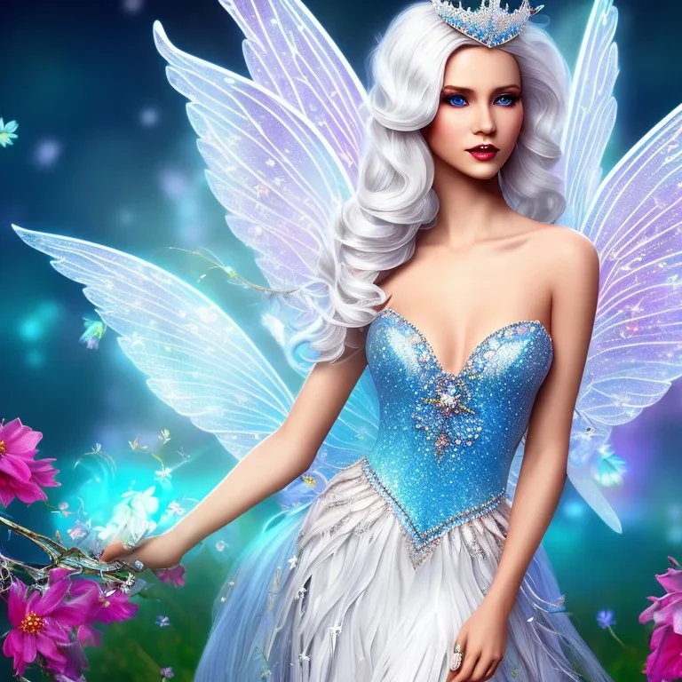 Fantasy fairy with transparent wings, smiling, make up, long platinum blond hair with crown and flowers, blue dress, flower background