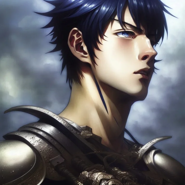 Young Male warrior by Studio MAPPA, Anime Key Visual, by Sui Ishida, Deep Color, Intricate, 8k resolution concept art, Natural Lighting, Beautiful Composition head and shoulders portrait, 8k resolution concept art portrait by Kentaro Miura, Artgerm, WLOP, Alphonse Mucha dynamic lighting hyperdetailed intricately detailed Splash art"