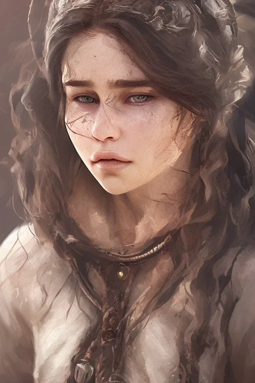 Perfect Emilia clarke face, viking clothes, fullbody, highly detailed face, highly realistic, fog, fire, particles