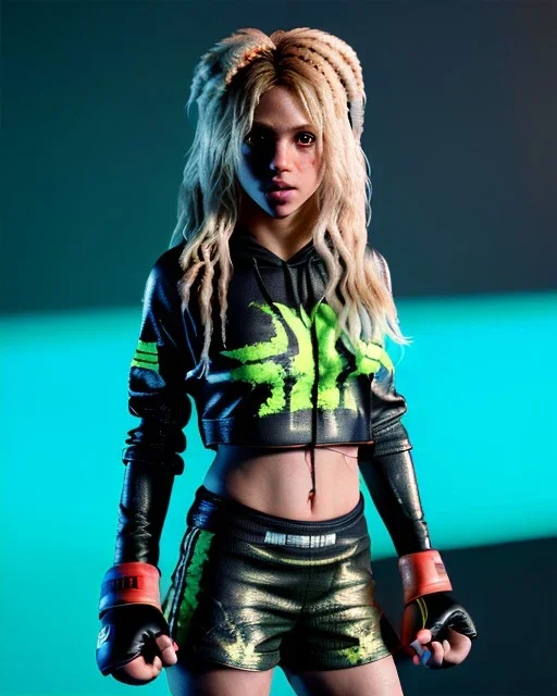 portrait, Shakira, blonde artist, angry, Realistic image, MMA robe, hoodie, mma gloves, loose long hair, eyes, makeup, gold line make up, moisture, sweat, fog, goddess, Neon colors, leds. Black background, photo studio, concept art, smooth, unreal engine 5, god lights, ray tracing, RTX, lumen lighting, ultra detail, volumetric lighting, 3d, finely drawn, high definition, 4k.