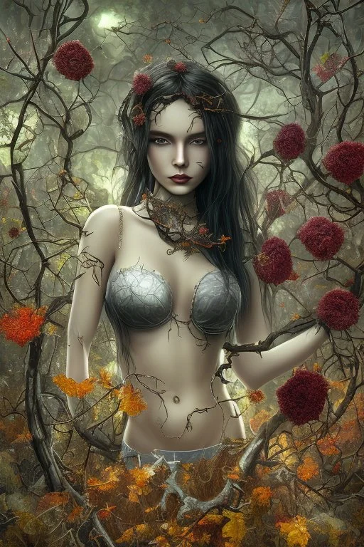 abstract creation of a beautiful girl with black curly hair, surrounded by black roses, thick metal chain broken, glass petals on the ground, autumn colours,dried out thorn bush, chaos,