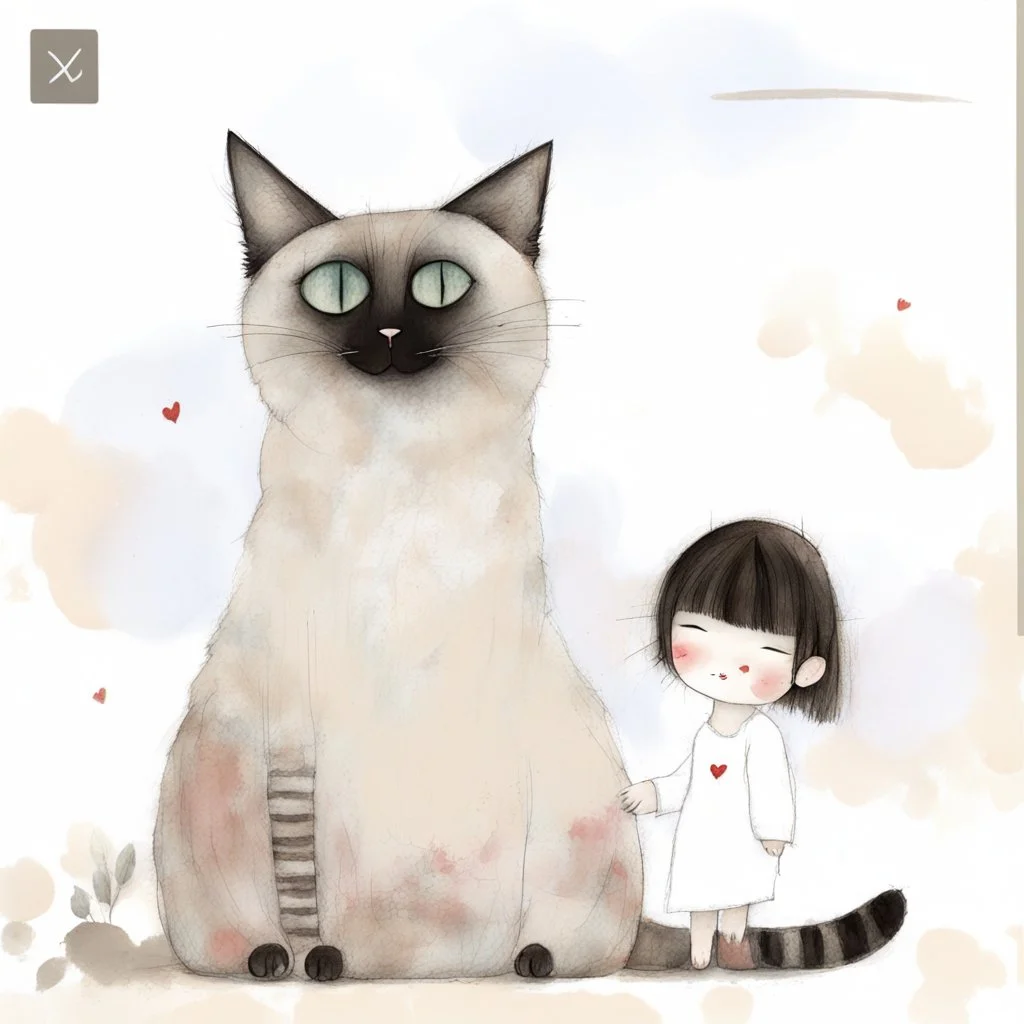 girl and a fluffy Siamese cat, naive childlike proportions, girl in profile with closed eyes and rosy cheeks, textured hair filled with white flowers and scribbled lines, simple floral dress, cat with eyes closed and tiny red hearts above its head, mixed-media acrylic and pencil texture, muted vintage pastel colors, warm beige background, dreamy feel, soft and imperfect hand-painted, naive art style.
